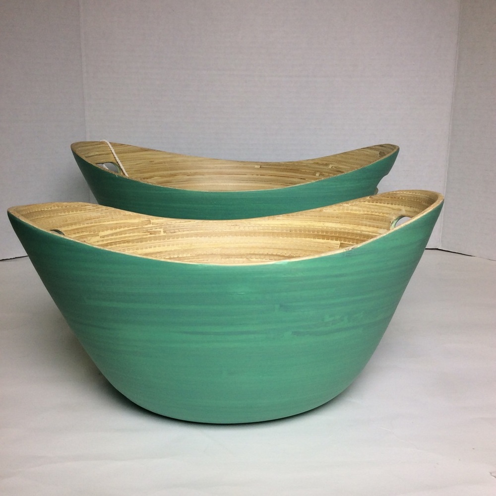 Vietnam Oval Spun Bamboo Bowls Set of 2 Green
